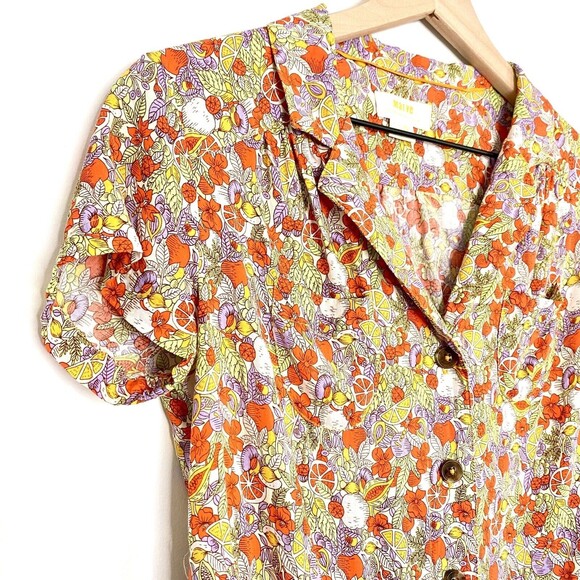 ANTHROPOLOGIE MAEVE Women’s Size 0 Button Down Shirt Citrus Floral Tie Front Bow - Picture 9 of 13